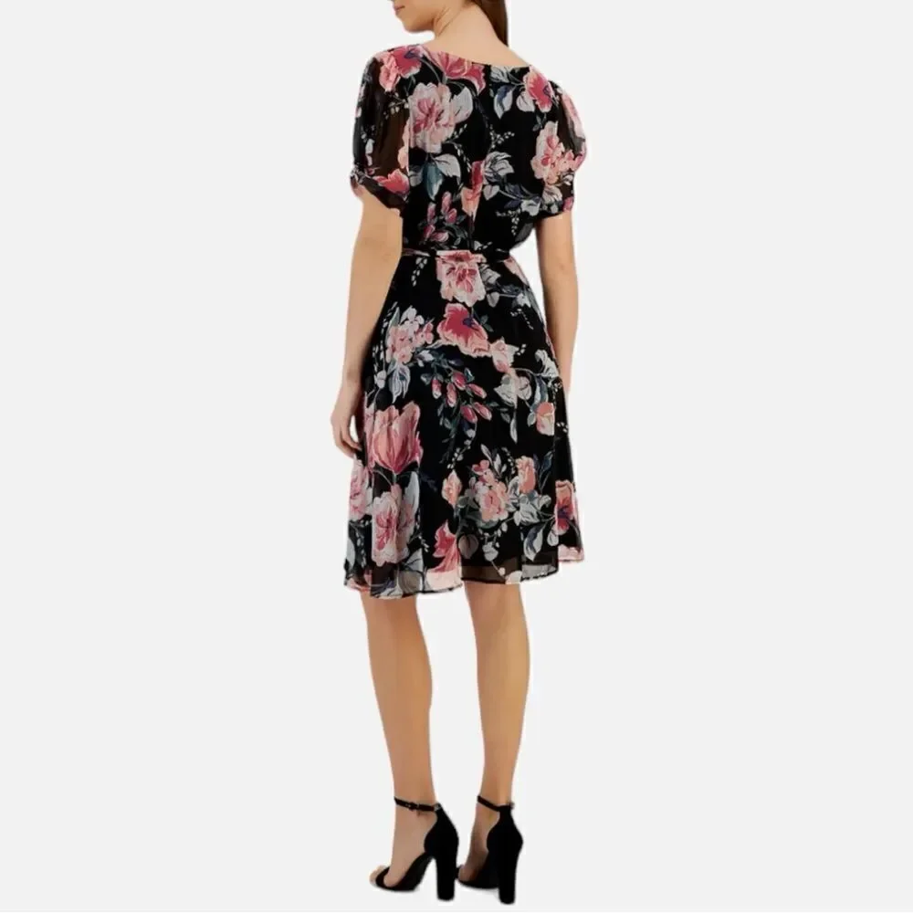 CONNECTED APPAREL Wedding Guest Knee-Length Shift Dress, Size 6 Black Floral